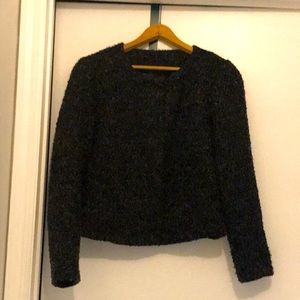 2 pc suit, acrylic wool jacket, with gray tweed textured design, wool skirt.